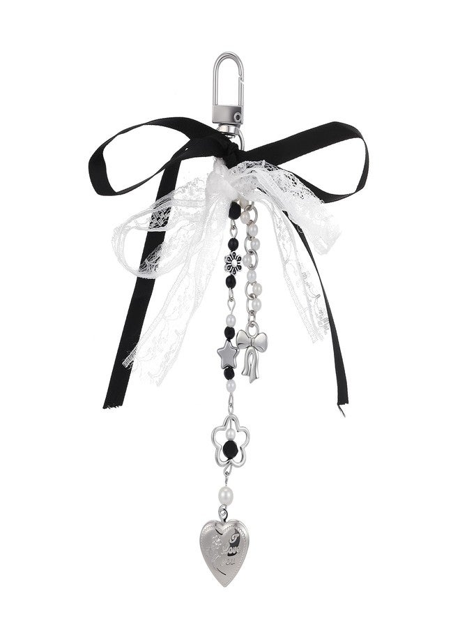 Dhdfisd Bow Keychain Y2K Coquette Aesthetic Bow Heart Pearl Flower Lace Ribbon Keychain Cute Bag Purse Handbag Charm (Black bow) - Image 1